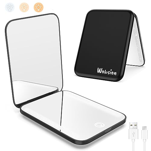 wobsion LED Spiegel mit 1X / 3X Vergrößerung,USB Wiederaufladbar Faltbarer Reisespiegel mit Licht Dimmbarer,Tragbarer Taschenspiegel für Reise und Makeup,Kleiner Handspiegel als Geschenk,Schwarz