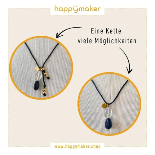 happymaker - Schwarzer Turmalin Kette mit Bergkristall, Stoffband mit 18k vergoldeten Perlen und echten Edelsteinen, Turmalin und Bergkristall Anhänger, lange Kette Damen, handgefertigt in Deutschland