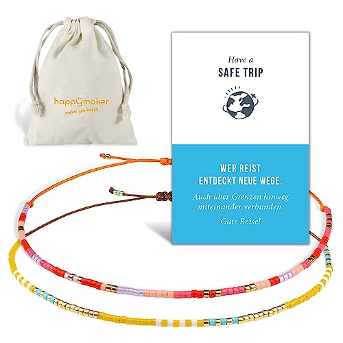 happymaker - Gute Reise Geschenk, 2 Armbänder aus Miyuki Perlen mit Geschenkkarte und Geschenkverpackung, Armbänder für Frauen und Mädchen, handgefertigt in Deutschland, Weltenbummler Geschenk