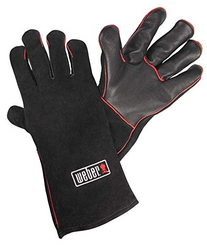 Weber Leder Grillhandschuhe, 1 Paar, extrem hitzebeständig, weich und sicher, aus Premium Leder mit roter Naht - Schwarz (17896)