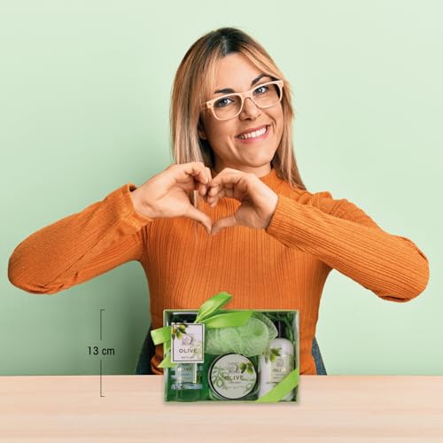 Accentra – Duschset Frauen Geschenkset OLIVE in schöner Geschenkbox – 4-teiliges Pflegeset mit Duschgel, Bodylotion, Körperbutter und Netzschwamm – Wellness Geschenk Set zum Geburtstag