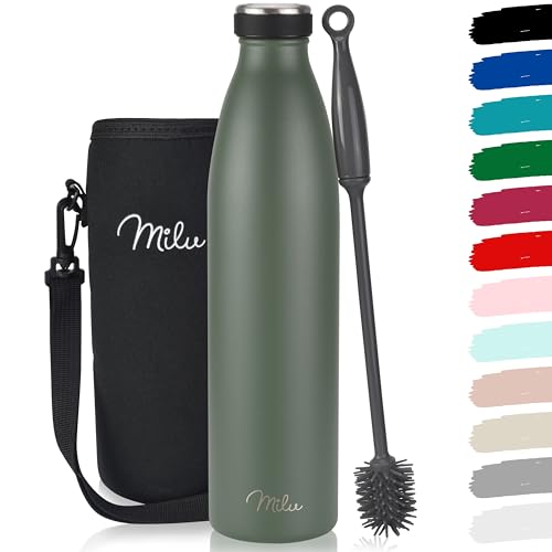 Milu Edelstahl Trinkflasche 350ml 500ml 750ml 1L 1,5L Thermosflasche Isolierte Wasserflasche Auslaufsichere Isolierflasche doppelwandig Kohlensäure geeignet – inkl. Reinigungsbürste (Olivgrün, 1L)