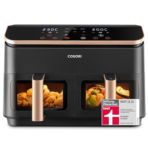 COSORI Heißluftfritteuse 2 Kammern, Airfryer Testsieger der Stiftung Warentest, 6-in-1 Dual Zone Air fryer 8,5 L, Heissluftfritteuse Doppelkammer mit Sichtfenster, energiesparend