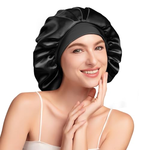 Umisleep 22 Momme Schlafhaube zum Schlafen mit Maulbeerseidenfutter, Doppelschicht Schlafmütze, Verstellbar mit Elastischem Band, Haarschutz für Lange und Lockige Haare, Weich, Schwarz+Lila
