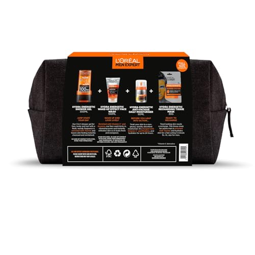 L'Oréal Paris Men Expert Fully Charged Washbag Gift Set For Him, Energising Face & Body Skincare Routine, Deep Cleanse, Revitalising, Gift Set for Men