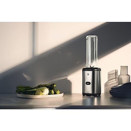 WMF Kult X Mix & Go Mini Smoothie Maker, Standmixer, Blender elektrisch, Shake Mixer 300 Watt Leistung, Tritan-Kunststoff Flasche 600ml, auslaufsicherer Schraubdeckel, rutschfeste Füße, Silber/Schwarz