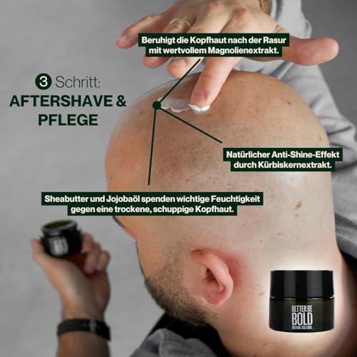 BETTER BE BOLD „Bestseller" Glatzenpflege-Routine (0-3mm) | Mattierende Glatzencreme (0-3mm) + Pflegendes Glatzenshampoo (0-6mm) + Invisible Sun Fluid LSF 50