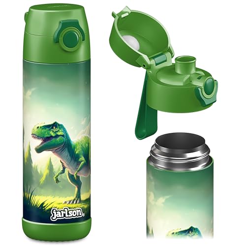 Jarlson® MALI Kinder Trinkflasche, Thermo Edelstahl Trinkflasche BPA frei, auslaufsicher, Kinderflasche mit Chug Deckel, Flasche für Schule, Kindergarten (Dinosaurier Grün, 500 ml)