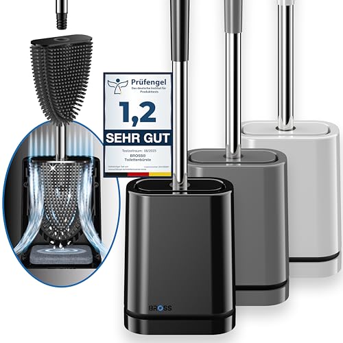 BROSS® Klobürste Silikon - Patentierte Toilettenbürste - Klobürste Schwarz - WC Bürste & Klobürstenhalter mit Wandmontage & TurboTrocknung - Innovativ & Antibakteriell - 1er Set