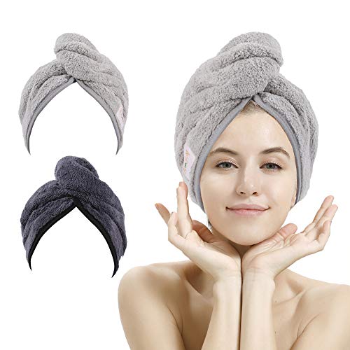 M-bestl 2 Pack Haartuch Turban, Mikrofaser-Haartrocknungshandtuch mit Knopfdesign zum Trocknen der Haare (Dunkelgrau & Hellgrau