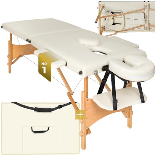 tectake® Massageliege klappbar mit 2 Zonen, Massagetisch tragbar mit 5cm Polsterung, höhenverstellbare, Mobile Massageliege, Massagebank mit Holzfüßen und Zubehör Tragetasche - beige