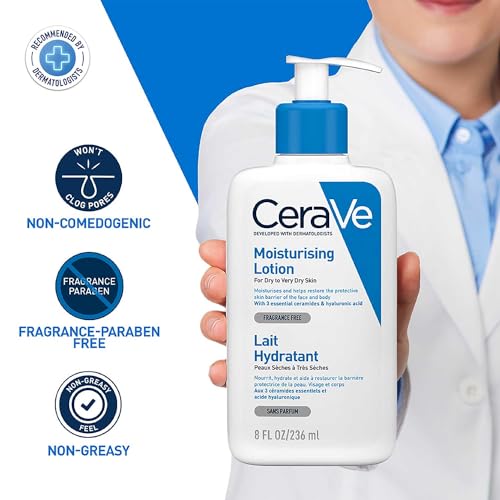 CeraVe Körperlotion mit Pumpspender, Für trockene bis sehr trockene Haut, Feuchtigkeitscreme Hyaluron und 3 essenziellen Ceramiden, Geeignet bei Neurodermitis, 236 ml