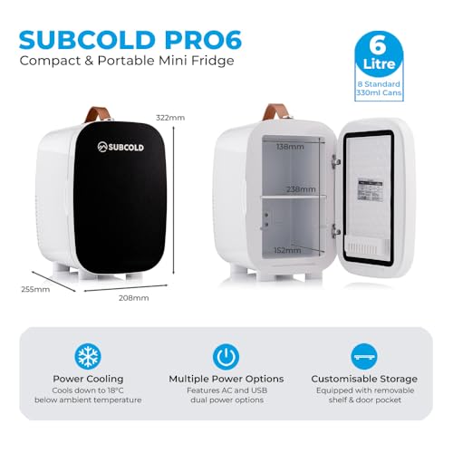 Subcold PRO6 Mini Fridge 6L / 8 Can – Quiet & Energy-Efficient, USB & AC Powered Small Fridges for Bedrooms, Car, Office, Travel | Portable Mini Fridge For Skincare, Beauty, Drinks & Snacks (Black)