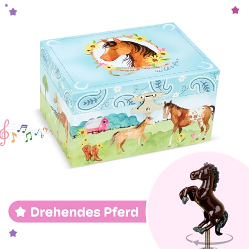 Jewelkeeper Schmuckschatulle Mädchen im Scheunendesign mit drehendem Pferd - Musikalisches Schmuckkästchen für Kinder mit Melodie Home on the Range - Schmuckaufbewahrung für Kinderschmuck