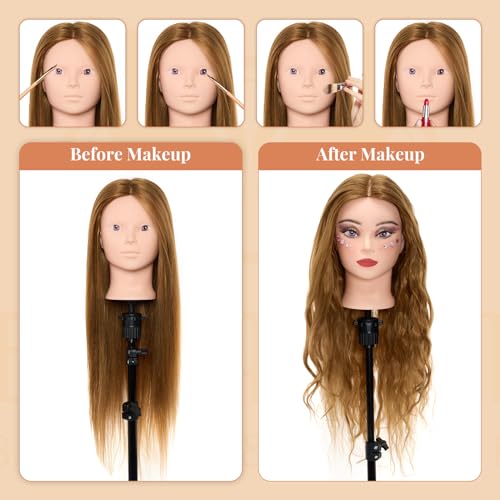 Neverland Beauty 71 cm Trainingskopf mit 60% Echthaar, Friseur-Mannequin-Kopf, Kosmetologie-Puppenkopf mit Tischklemme und Friseur-Werkzeug-Set, Glatt, Menschliches Haar , Einnähen Gold