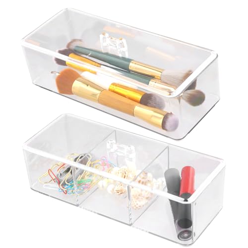 Anseom Acryl Kosmetik Organizer 2 Stück, 1-Fach+3-Fach Schublade Make Up Aufbewahrungsbox, Transparent Schlafzimmer Schminktisch Organizer mit Deckel für Badezimmer, Schminktisch, Wohnzimmer
