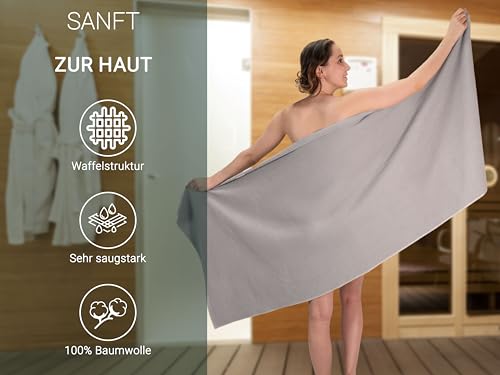 ZOLLNER 2er Set Saunatücher in 70x180 cm - langlebige Badetücher in grau - mit praktischem Aufhänger - Zeitloses Waffelmuster - waschbar bis 95°C - Baumwolle - Hotelqualität