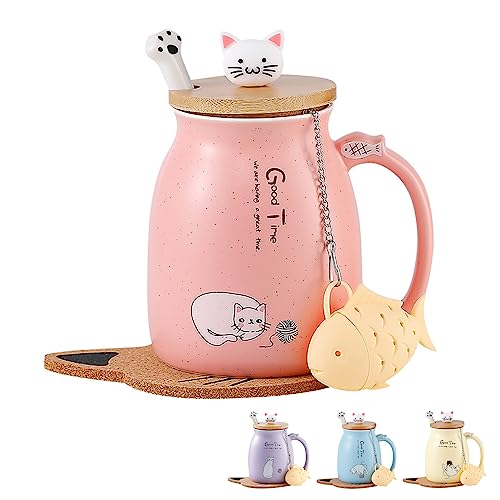 Katzen-Tasse Süße Keramik Kaffeetasse mit deckel,Edelstahl Löffel, Neuheit Morgen Cup Tee Milch Weihnachten Becher Geschenk Teetasse mit Deckel und Sieb Geschenke für Frauen380ML (Rosa)