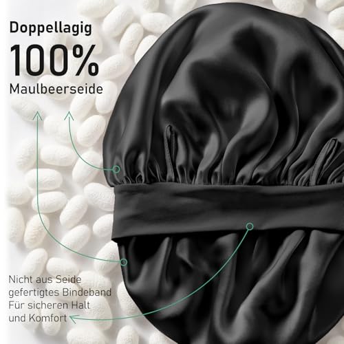 LitBear Schlafhaube aus 100% Maulbeerseide für Damen, 6A 22 Momme, große doppellagige Haube aus echter Seide mit Bindeband, rutschfester Seidenturban, inklusive Seiden-Haargummi