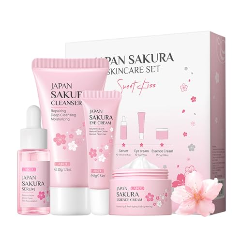 Rosarden Sakura Geschenke Set für Teenager-Mädchen und Frauen, Feuchtigkeitspflege Hautpflege Set, Gesichtspflege Set mit Cleanser, Serum, Augencreme und Creme (4-tlg)