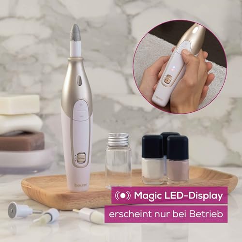 Beurer MP 64 Maniküre/Pediküreset, elektrisches Nagelpflegeset mit Akku, 10 Aufsätze zur Nagelpflege für schöne Hände und Füße, mit LED Licht, Einheitsgröße, White and gold