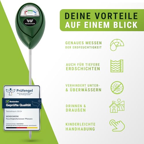 Wendowerk® Boden Feuchtigkeitsmesser für Pflanzen - [Grün/Schwarz] - Ohne Batterien - Verbessertes Feuchtigkeitsmessgerät Pflanzen [2025] – Premium Bodentester