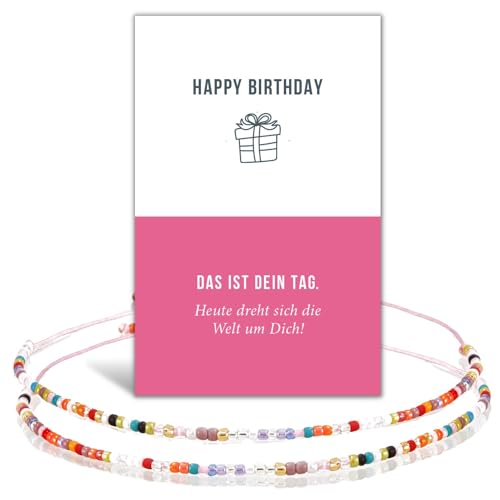 happymaker - Armbänder für Frauen und Mädchen, handgefertigt aus Miyuki Perlen mit Geschenkverpackung, Geburtstagsgeschenk mit Karte und Armband 2er Set, Happy Birthday Geschenk