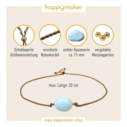 happymaker - Edelstein Armband Aquamarin Damen, handgefertigt in Deutschland, Armband mit Goldperlen und Geschenkverpackung, Mutmacher und Motivations Geschenk, Geburtsstein Fisch