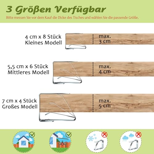 Blooven 8 Stück Tischtuchklammern Edelstahl, Tischdeckenklammer Tischabdeckungsklemmen Tischdecke Clips Tischtuch Clips - Silber, Für Tische mit max. Plattenstärke von 3 cm (4 cm x 8 PCS)