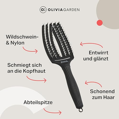 Olivia Garden Fingerbrush Care Iconic - Medium - Schwarz - Detangler Bürste mit Wildschweinborsten & Nylon für gesundes und glänzendes Haar