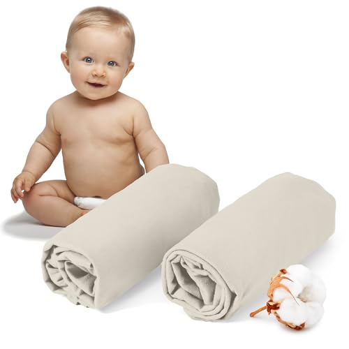 Dreamzie - 2er-Set Spannbettlaken 60x120-70x140 cm - Oeko-Tex Zertifiziert, 100% Baumwolle, atmungsaktives Spannbetttuch Jersey Baby, 150 g/m² - Beige