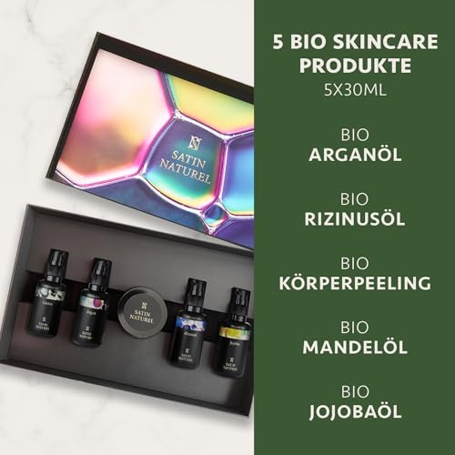 Satin Naturel Verwöhnendes Geschenkset Frauen mit BIO Arganöl + Rizinusöl + Mandelöl + Jojobaöl + Body Scrub aus Totes Meer Salz – Geschenke für Frauen - Luxus-Geschenkbox Naturkosmetik