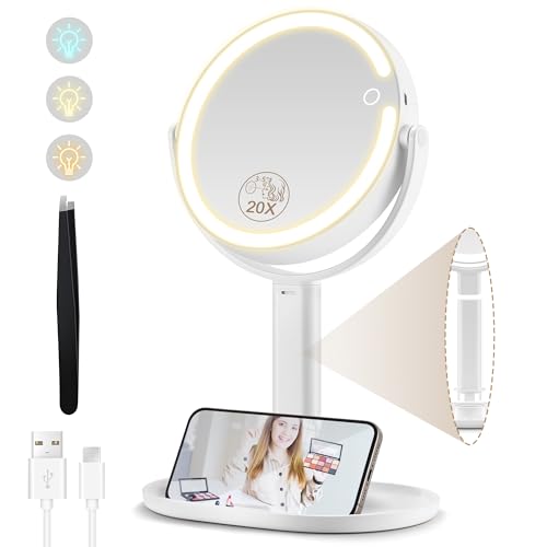 MOMOKUBA Kosmetikspiegel mit Beleuchtung, Vergrößerungsspiegel mit Licht 20fach, Kosmetikspiegel mit Vergrößerung 8", Doppelseitig 3 Farben 64 Led, Schminkspiegel mit Beleuchtung Rund 360° Drehbar