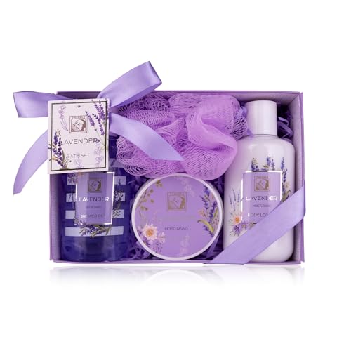 Accentra – Duschset Frauen Geschenkset LAVENDEL in schöner Geschenkbox – 4-teiliges Pflegeset mit Duschgel, Bodylotion, Körperbutter und Netzschwamm – Geschenk Set zum Valentinstag & Muttertag