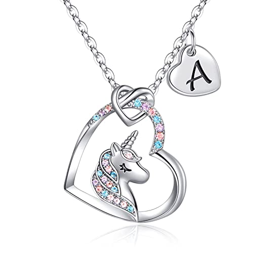 TINGN Unicorn Gifts for Girls, Kids Unicorn Necklace for Girl Colorful Heart Pendant Unicorns Initial A Necklace for Girl Age 4-8 Birthday Gift for Girls Age 5 6 7 8 9 10 Unicorns Gifts for Kids