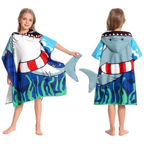 OLAOLA Kinder Badeponcho Handtuch mit Kapuze, Strand Umkleidemantel, Saugfähige Schnelltrocknendes Badetuch Poncho, Schwimmtuch für Jungen Mädchen 3–12 Jahren (Großer Hai)