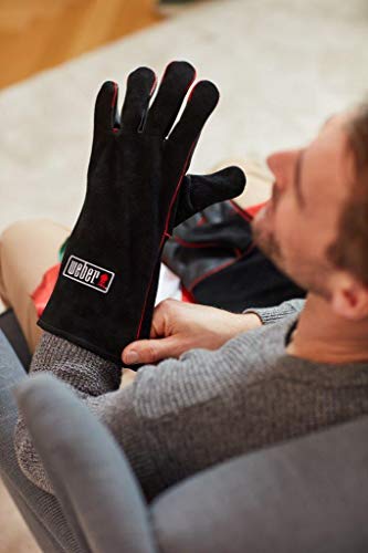Weber Leder Grillhandschuhe, 1 Paar, extrem hitzebeständig, weich und sicher, aus Premium Leder mit roter Naht - Schwarz (17896)