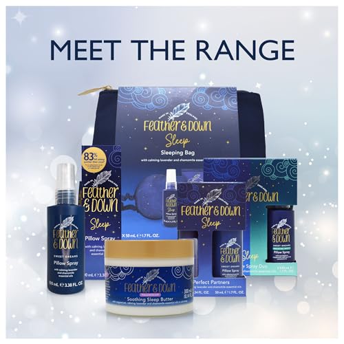 Feather & Down Sleeping Bag Gift Set (luxury eye mask, sleep balm, pillow spray and shower cream) - with calming lavender & chamomile essential oils. Vegan Friendly & Cruelty Free.