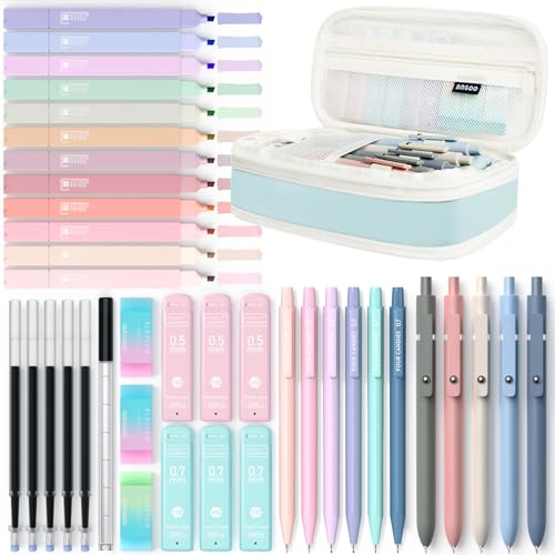 Four Candies 39 Stück Schulsachen mit Mäppchen, 12 Pastell Textmarker, 5 Gelstifte, 6 Druckbleistift Set, Aesthetic Stifte und Coole Sachen für Teenager Mädchen School Stuff Clean Girl (Blauer)