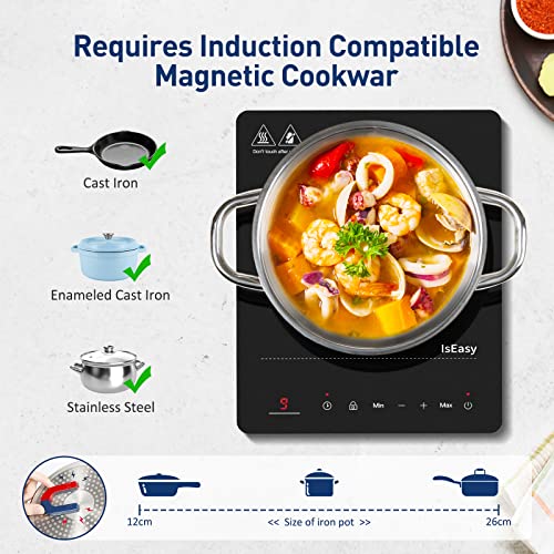 IsEasy Single Induction Cooker 2100W Portable Induction Hob with Slim Black Crystal Panel Body, Induction Plate with 9 Power Levels Setting, Max & Min Function, 8-hours Timer, Safety Lock (WQ-8030)