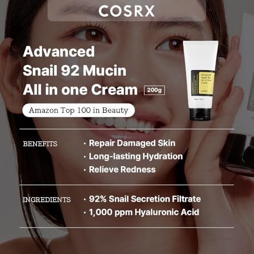 COSRX Advanced Snail 92 All in One Crème(Maxi-Größe) Snail Mucin Gesichtscreme für trockene & empfindliche Haut Feuchtigkeit & Anti Falten mit Schneckenschleim, Feuchtigkeitscreme Korean Skincare 200g