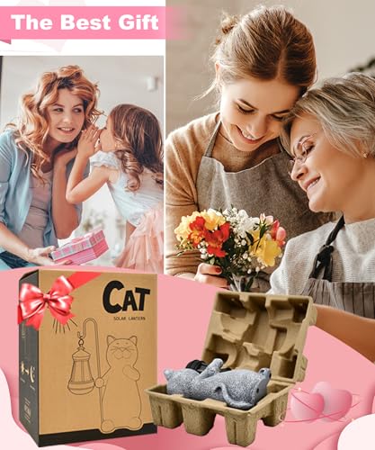Yeomoo Katze Gartenfiguren für Außen mit Solar Laterne – Lustig Wasserdicht Solarlampe Figur Gartendeko für Draußen Balkon Terrassen Geschenke für Frauen Männer Mama Geburtstag Feengarten Grau