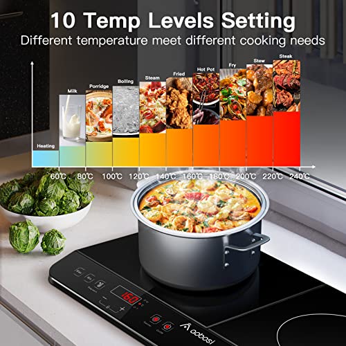 Aobosi Double Induction hob,Induction Cooker with Portable Black Glass Plate, Independent Control,One-click Max and Min Power Control 2800W,20 Temperature Setting[Upgrade],Safety Lock,4-Hour Timer