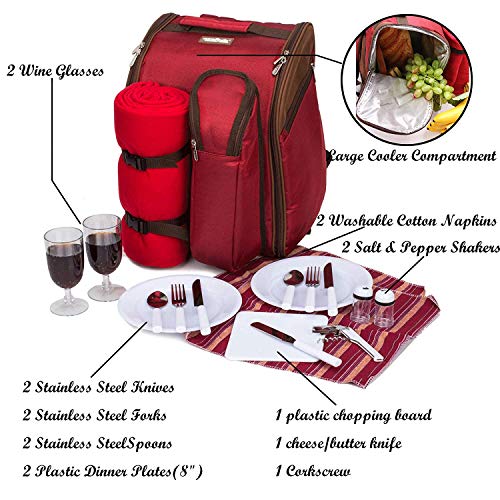 apollo walker Picknickrucksack 2 Personen Picknick Set (Set & Decke) Thermotasche Kühltaschen für Camping, Strand, Wandern Rot