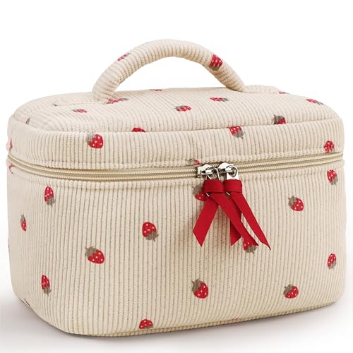 Prite Niedliche Cord Kosmetiktasche Aesthetic Floral Kulturtasche Reise Kulturbeutel oder Make Up Tasche für Damen und Mädchen (Erdbeere)