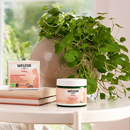 WELEDA Bio Mama Schwangerschaft Body Butter – vegane Naturkosmetik Babybauch Massage Körperbutter zur Dehnungsstreifen Vorbeugung. Hautpflege Körpercreme mit Sheabutter & Kakaobutter (1x 150ml)