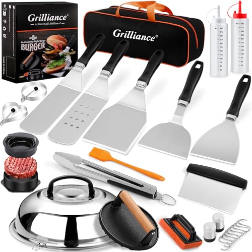 Grilliance 27-TLG Grillspachtel Plancha Zubehör für Männer, Teppanyaki BBQ Grillbesteck Set Edelstahl, Hibachi Smasher Burger Geschenkset mit Pfannenwender, Burgerpresse, Patty-Maker für Blackstone