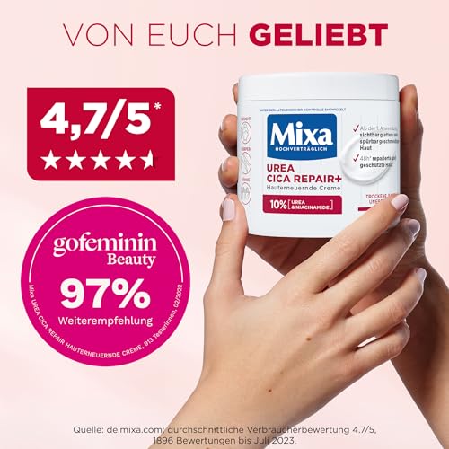 Mixa Urea hauterneuernde Creme mit Urea & Niacinamide, für trockene und raue und unebene Haut, repariert und glättet, Feuchtigkeitspflege für den Körper, Hände und Gesicht, Urea Cica Repair+, 400 ml
