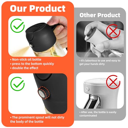 TrendPlain 16oz Ölsprüher für Speiseöl – 470ml Olivenöl Flasche – 2-in-1 Ölspender und Ölsprüher – Küchen Gadgets für Kochen, Salat und Grill Schwarz