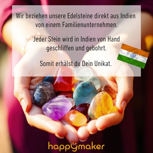 happymaker - Rosenquarz Armband Damen, handgemacht in Deutschland, Edelstein Armband rosa mit vergoldeten Perlen, Geschenkverpackung als Kraftgeber Geschenk für Frauen und Mädchen
